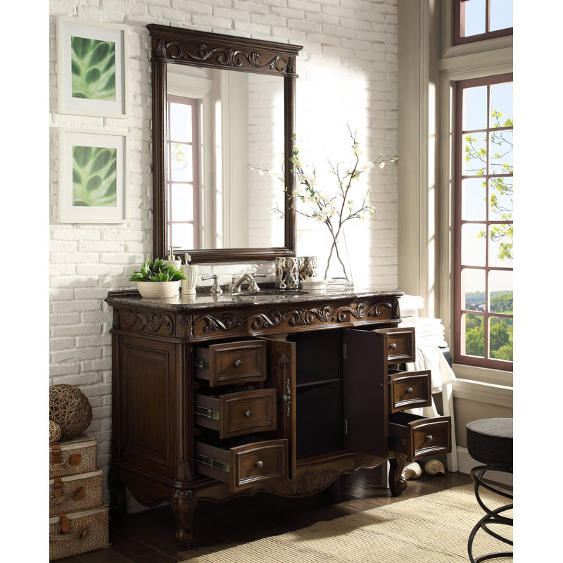 Meuble-lavabo traditionnel de Beckham de 107 cm (42 pouces) en merisier brun, avec miroir, lavabo simple et comptoir en granit Baltic Brown. Entièrement assemblé.