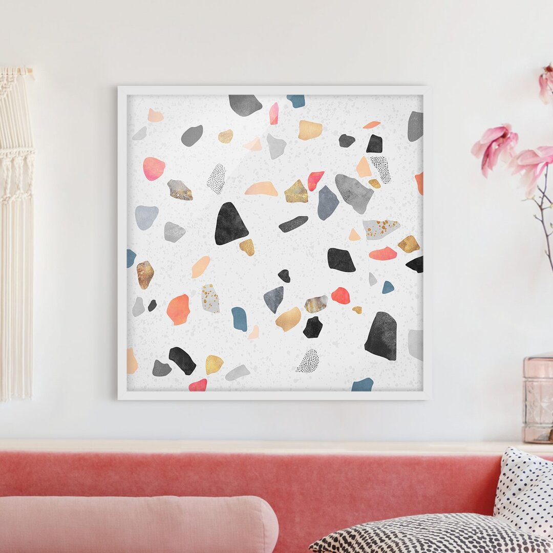 Gerahmter Grafikdruck White Terrazzo with Gold Stones