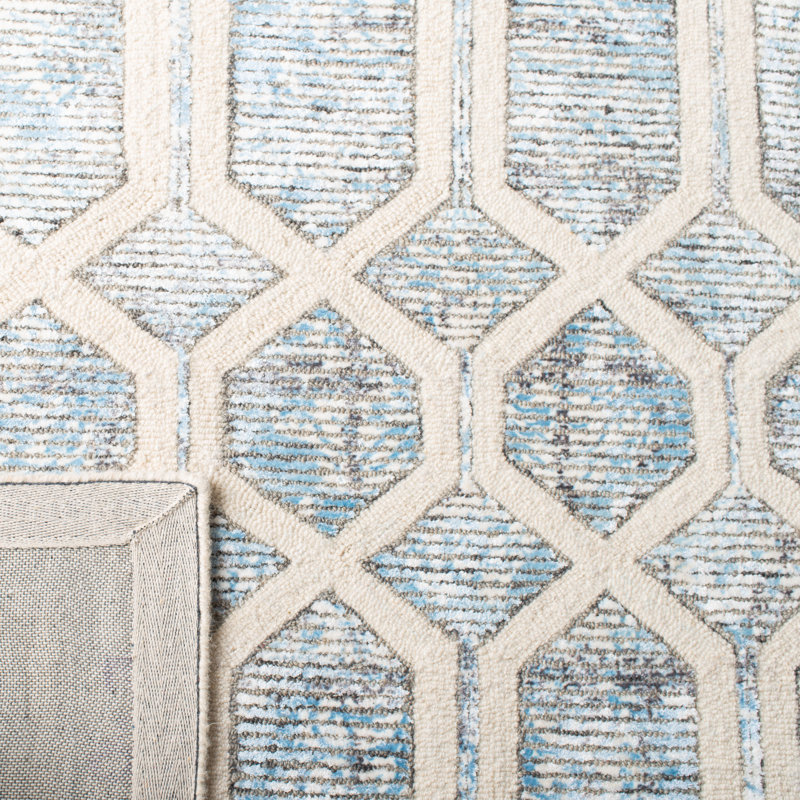 Monhegan Geometric Handmade Tufted Ivory/Blue Area Rug, Runner 2'3" x 9'