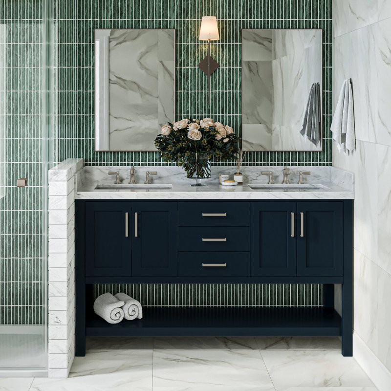 Magnolia Bath Vanity Oval Basin, Midnight Blue, Carrara White Marble, Rectangle 