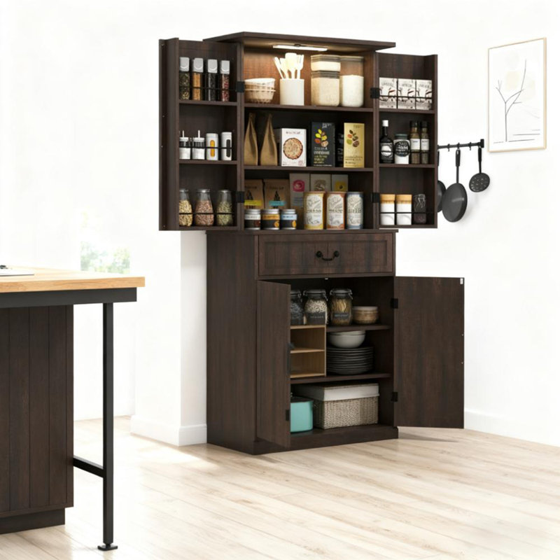 Armoire de rangement de style moderne, armoire de cuisine à DEL avec tablettes de porte, Noyer foncé