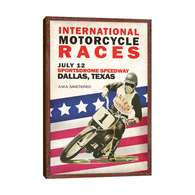 Intl. Motorcycle Races Dallas by Mark Rogan - Print on Canvas, 101.6cm H x 66.04cm W x 3.81cm D, Classic Brown Wood Framed