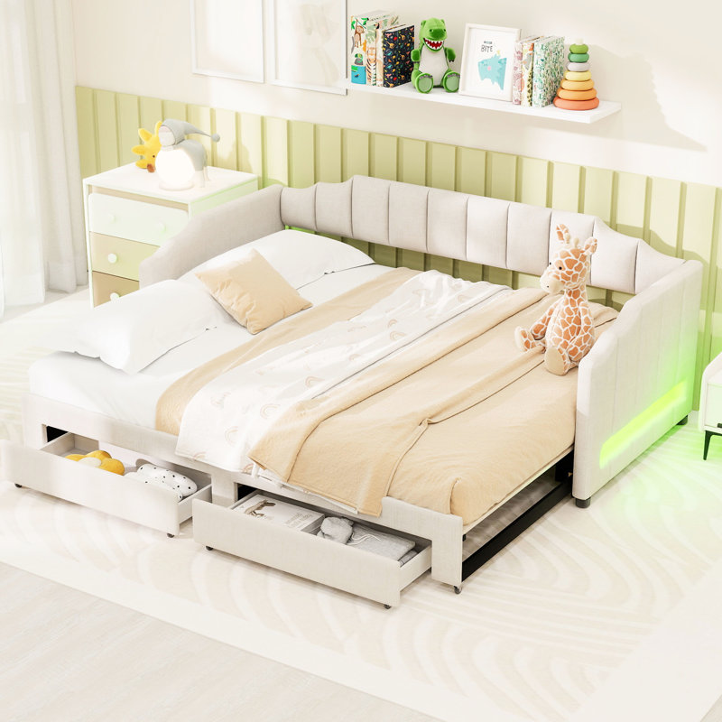 Beige Twin Xl To King Upholstered Daybed, Led , Storage Drawers, Trundle For Extra Space Daybed That Extends King, Upholstered, - Saving Design