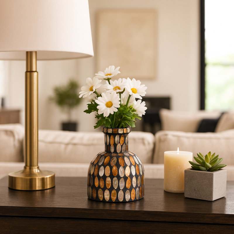 Vase en verre, H 6 po x l 4 po x P 4 po, Mosaïque bronze / cuivre