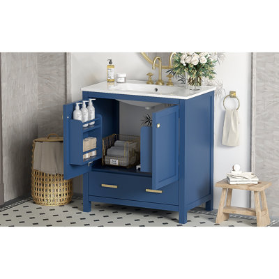 Meuble-lavabo de 30 po avec lavabo simple, meuble-lavabo encastré, armoire de rangement avec 2 portes et un tiroir, fermeture en douceur, rangement multifonctionnel, structure en bois massif