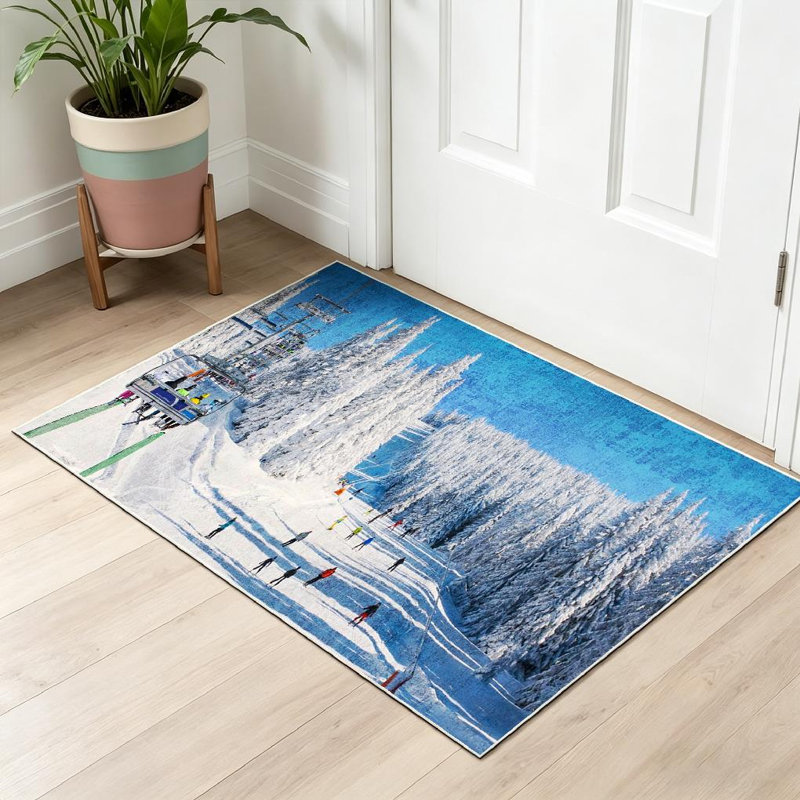 Tapis d'intérieur bleu en pin neige blanc lavable à la machine, Rectangle 32" x 47"