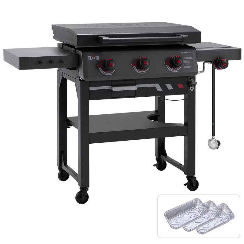 FEASTO 28" Propane Heavy-duty Gas Griddle with Side Burner & Hood, 3-Burner Outdoor Flat Top Grill, 37,500 BTU,  Foldable Side Shelf, Grease Cup & Foil Liners for Backyard BBQ
