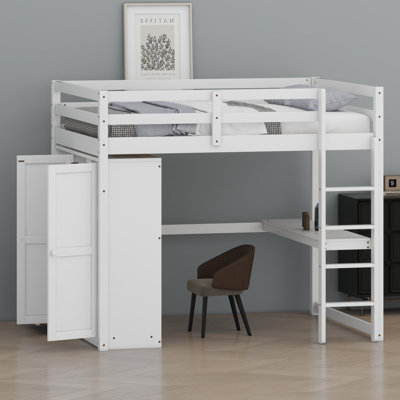 Loft Bed Frame with Built-in Wardrobe, Desk, Storage Shelves and Drawers