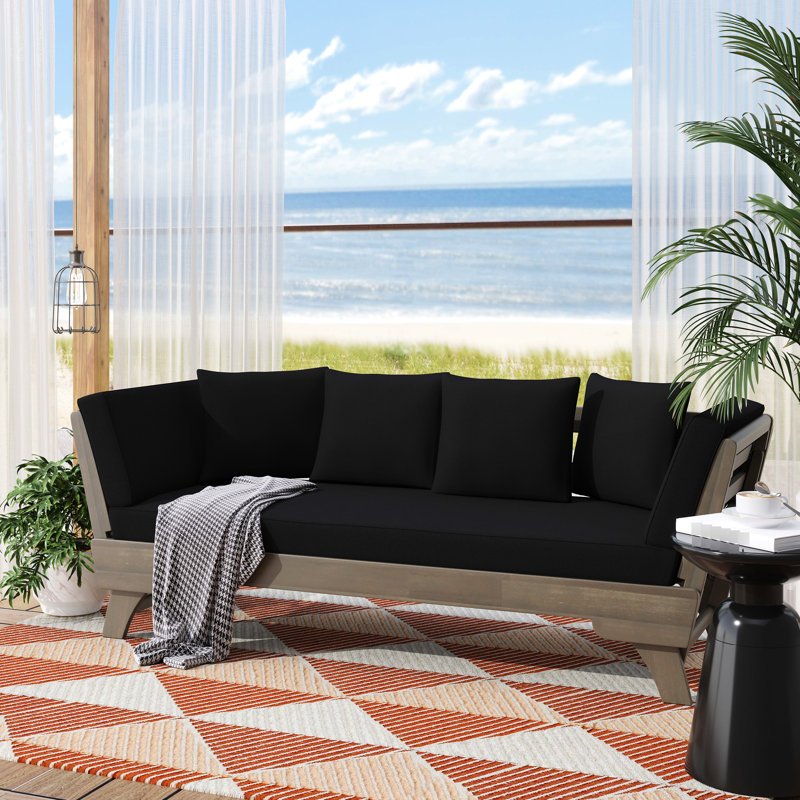 Lit de jour d'extérieur gris avec fonction extensible, construction en bois, coussins d'eau, hauteur 26,81 po, sièges à lattes, P 30,66 po, l 67,44 po, lit de jour convertible en H, structure, dimensions, sièges