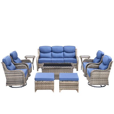 Ensemble de mobilier de patio 10 pièces, canapé d'extérieur en osier avec chaises pivotantes et table basse, ensemble de conversation moderne à haut dossier toutes saisons
