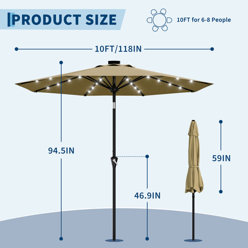 Parasol de patio 10 pi à DEL avec inclinaison à 180 ° et lumières solaires intégrées en polyester imperméable à la manivelle