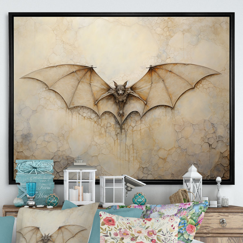Minimalisme chauve-souris avec ailes ouvertes sur toile, H 30 po x l 40 po x P 1,5 po, Cadre flottant noir