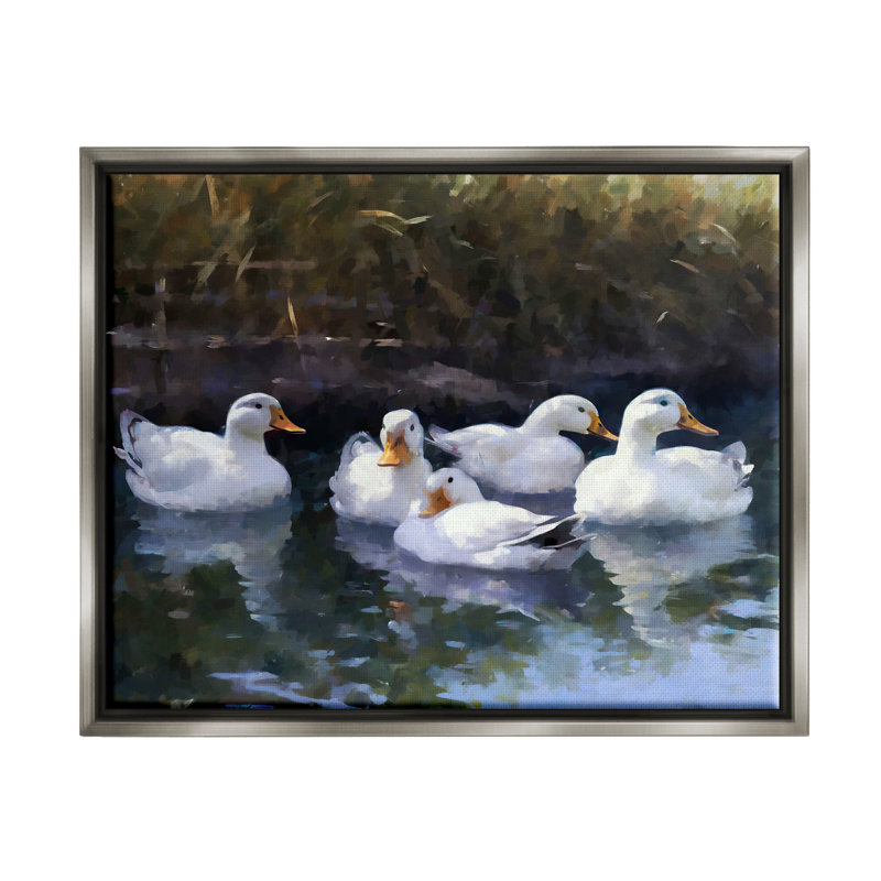 Cinq canards dans un étang par Ziwei Li, Cadre flottant gris lustré, H 24 po x l 30 po x P 1,7 po
