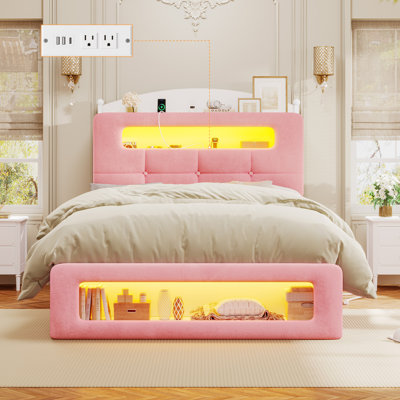 Upholstered Platform Bed Frame With 2 Storage Drawers, Velvet Princess Bed With Led Lights And Charging Station, No Box Spring Needed, Pink
