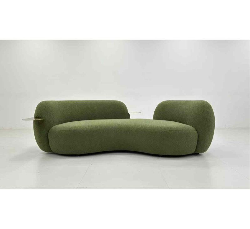 Green Boucle Curved 3 Seater Sofa With Integrated Side Tables