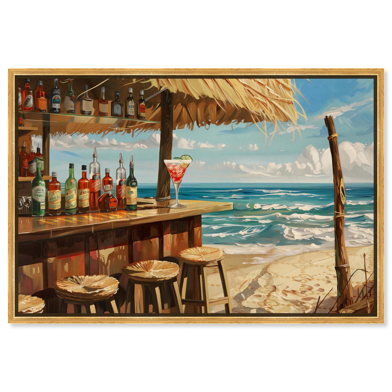 "Drinks at the Beach" Glam Coastal Art par , H 31 po x l 46 po, Cadre flottant doré