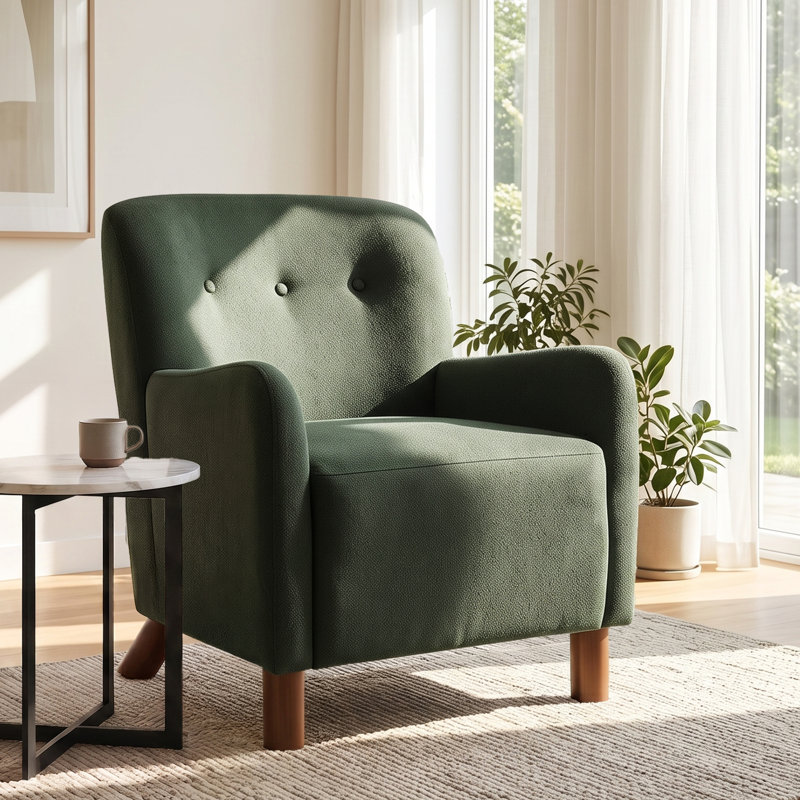 Fauteuil d'appoint rembourré avec capitonnage à boutons et base en bois massif pour salon ou chambre à coucher, Vert