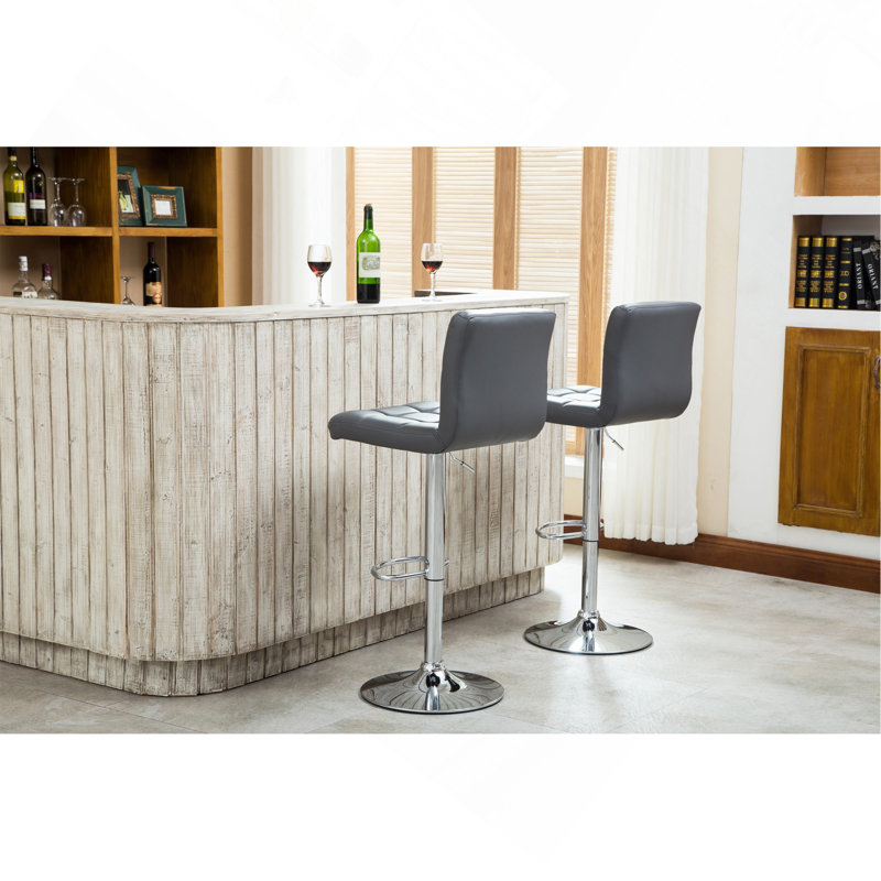 Swivel Faux Leather Adjustable Hydraulic Bar Stool, Set Of 2, Gray, Gray