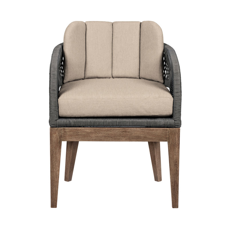 Chaise de terrasse Orbit en bois d'eucalyptus vieilli avec corde grise et coussins en oléfine taupe