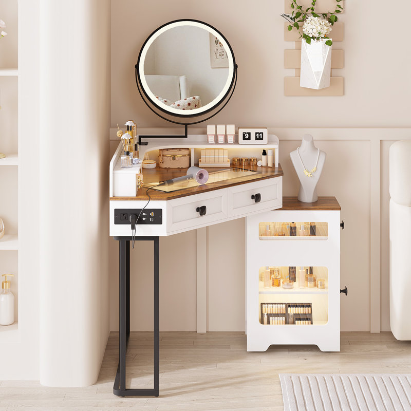 LED Corner Dressing Table with Side Storage Cabinet, Charging Socket, 3 Tone Lights, Velvet Jeweller, White/Brown