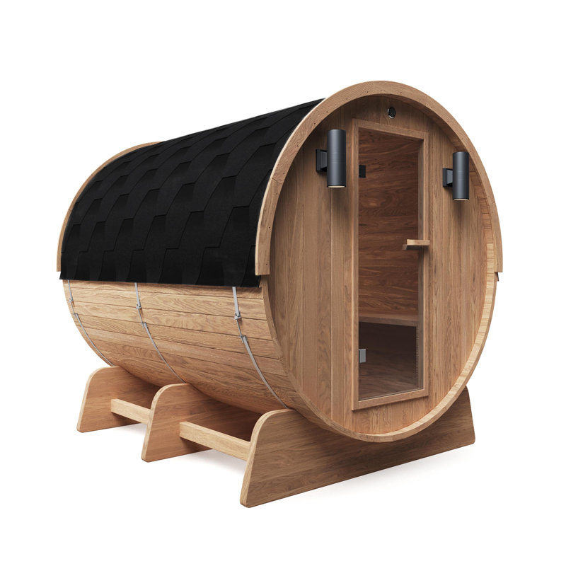 Red Cedar Barrel Sauna with Panoramic Window - 8 kW UL Certified KIP Harvia Heater - 6-8 Person