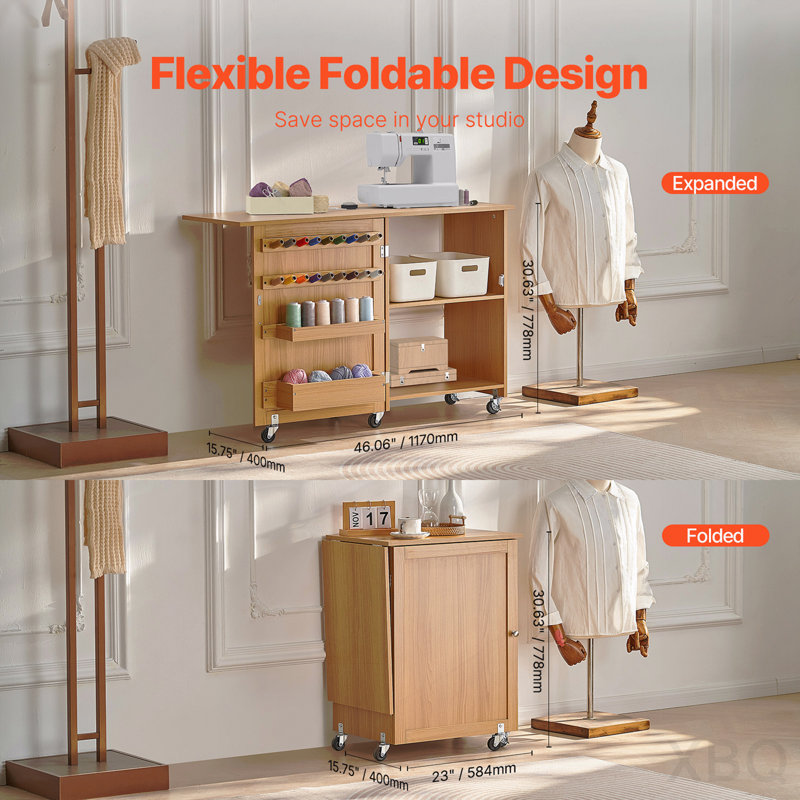 Armoire de table pliante polyvalente pour machine à coudre avec roulettes, tablettes et portes magnétiques - couleur bois