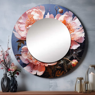 Sailas rose pivoines Serenade II - grand miroir pivoines, miroir mural décoratif rond traditionnel, impression d'art en métal