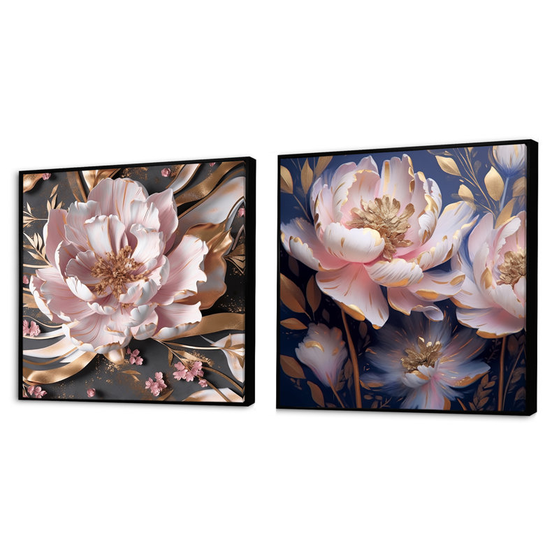 Pivoine rose fleur dorée - coquelicots carrés ensemble de 2 collages, Cadre flottant noir, H 16 po x l 33 po