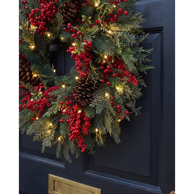 YULETIDE FOREST - 26" Christmas Wreath with 50 Warm White 8 Function LEDs