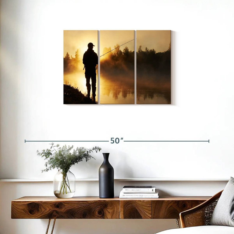 «Foggy Riverbank Fishing», 3 pièces sur toile, H 20 po x l 33 po x P 1,25 po