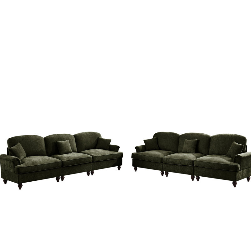 Canapé modulaire 2 pièces, siège à 3 places, accoudoirs évasés, volants amovibles, pieds fuselés, blanc beige, tissu chenille doux, dossier segmenté, coussin décoratif, diverses configurations de places assises blanches