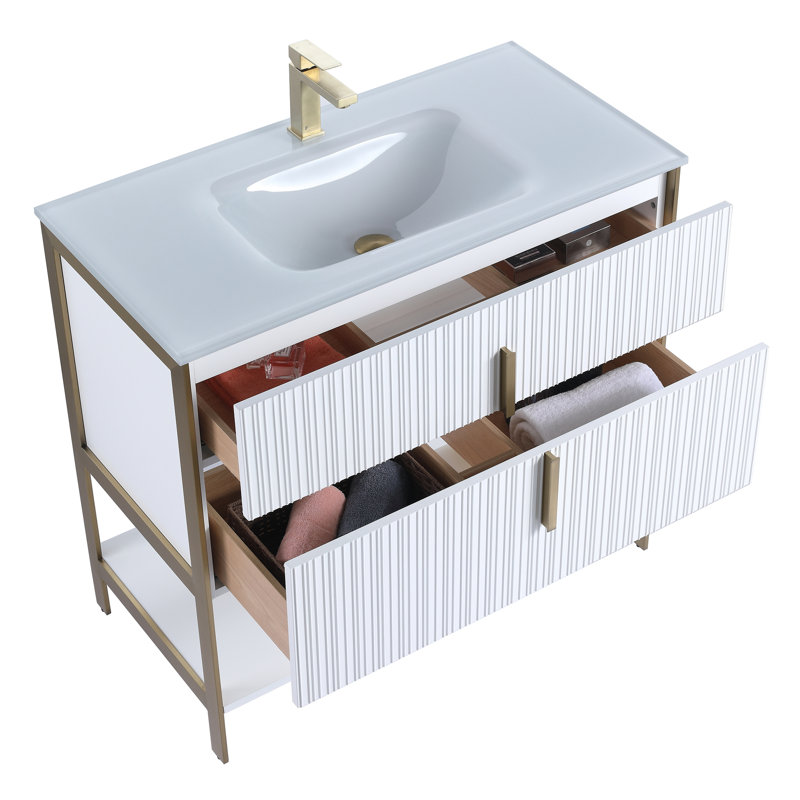  Meuble-lavabo moderne avec plateau en verre blanc Serenity, Blanc mat / laiton, 36"