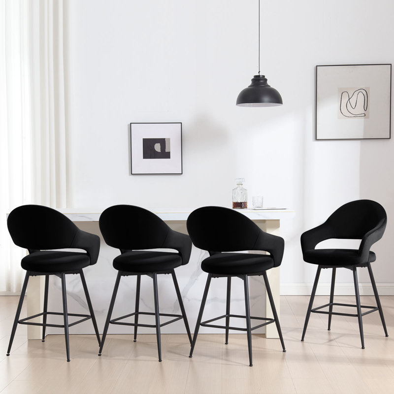 Swivel Upholstered Counter Stool with Curved Back and Metal Frame (Set of 4), 4, Black