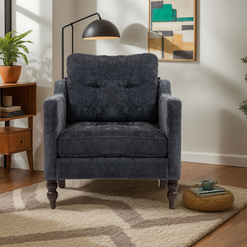 Fauteuil rembourré avec accoudoirs carrés et capitonnés, Dark Grey