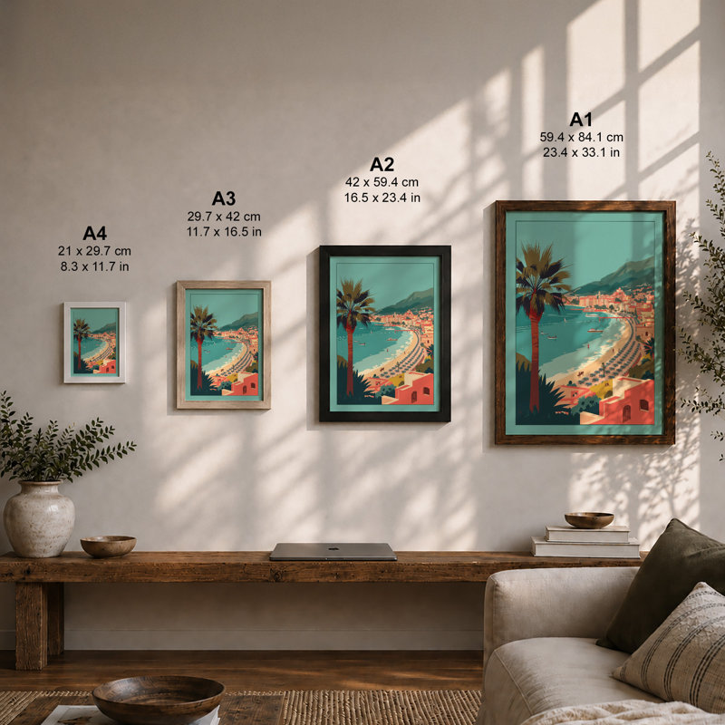 Mediterranean Beach Town Coastal - Framed Print, A2 - 59.4 x 42.0 cm, Walnut