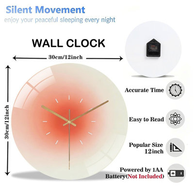 12" Round Tempered Glass Wall Clock with Silent Quartz Movement