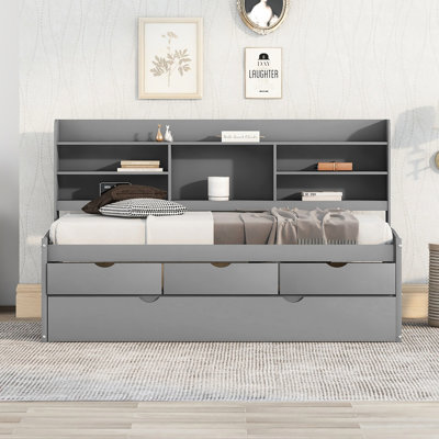 Grey Twin Size Wooden Bed With Shelf Units, 3 Storage Drawers & Trundle In Built-in Bookshelves, And Option