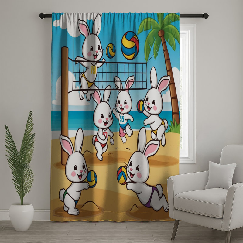 Caricature de lapins jouant au Volleyball, rideaux transparents et occultant - 1 panneau, 50 po x 92 po - 1 panneau