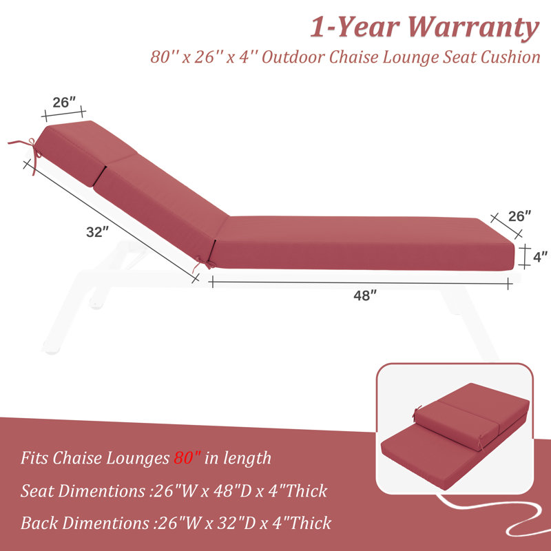 2-Piece Outdoor Chaise Lounge Chair Cushion, 80"X26"X4", Fuchsia Red