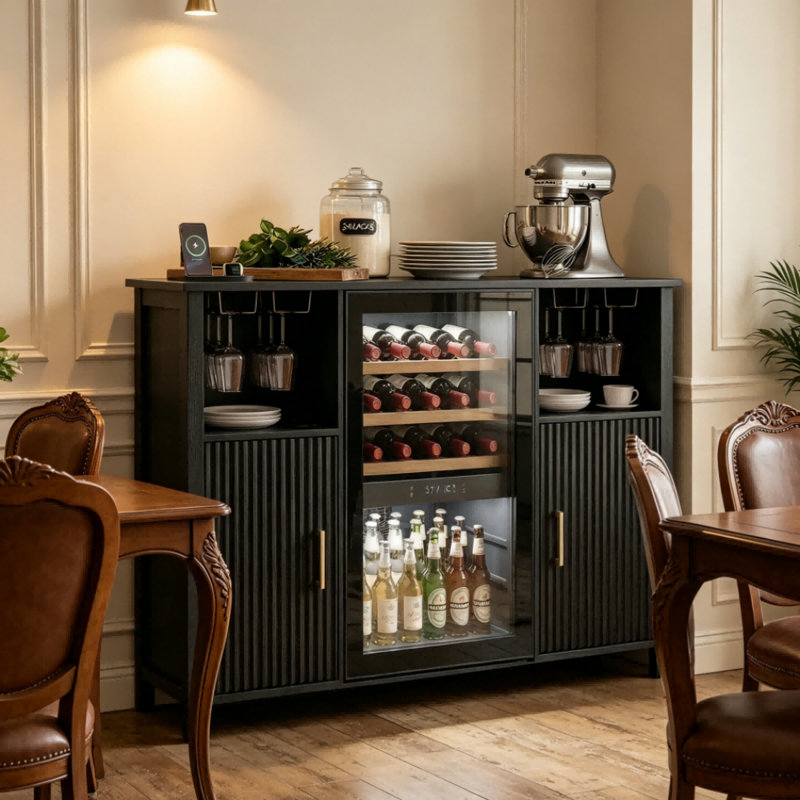 Armoire-bar 53,15 po à cannelures noires avec mini-réfrigérateur, support à vin amovible et tablettes réglables, Noir