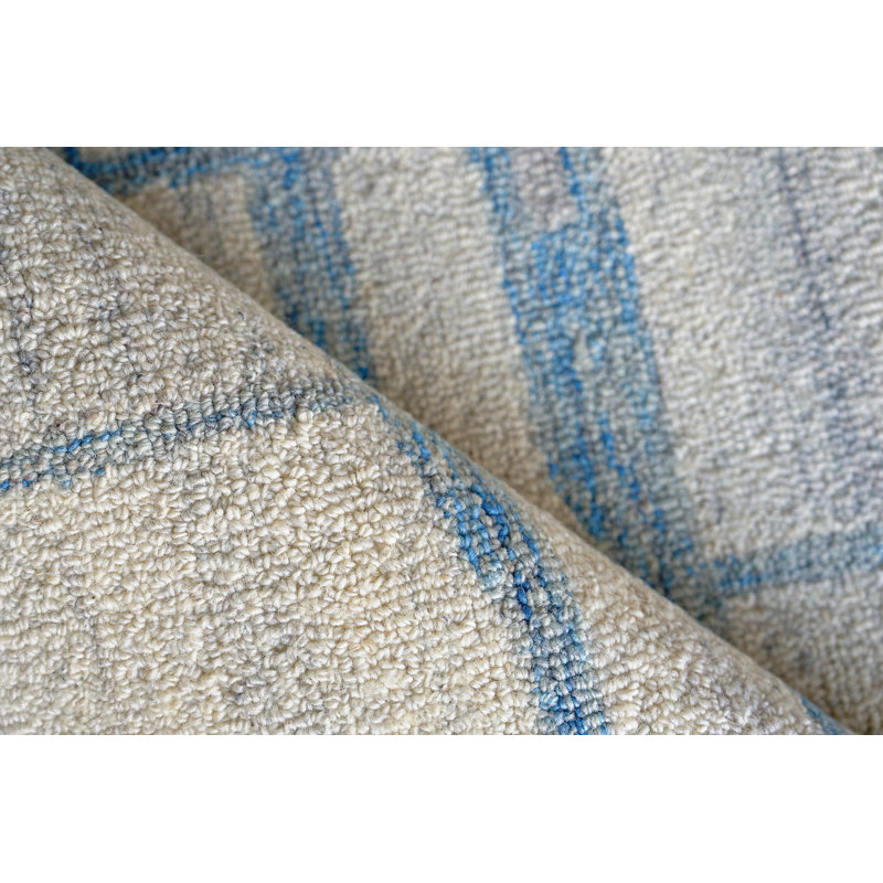Ivory and Blue Hand-Tufted Wool Geometric Area Rug, 12' x 15'