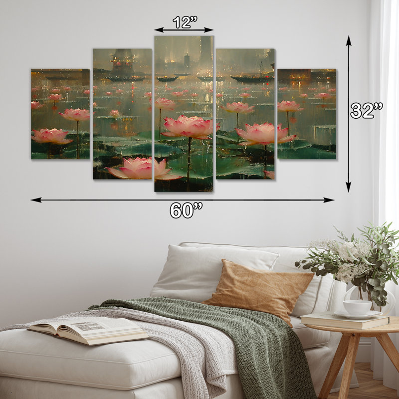 «Blossoming Pink Lotus Pond Asian City - Lotus», ensemble de 5 décorations murales