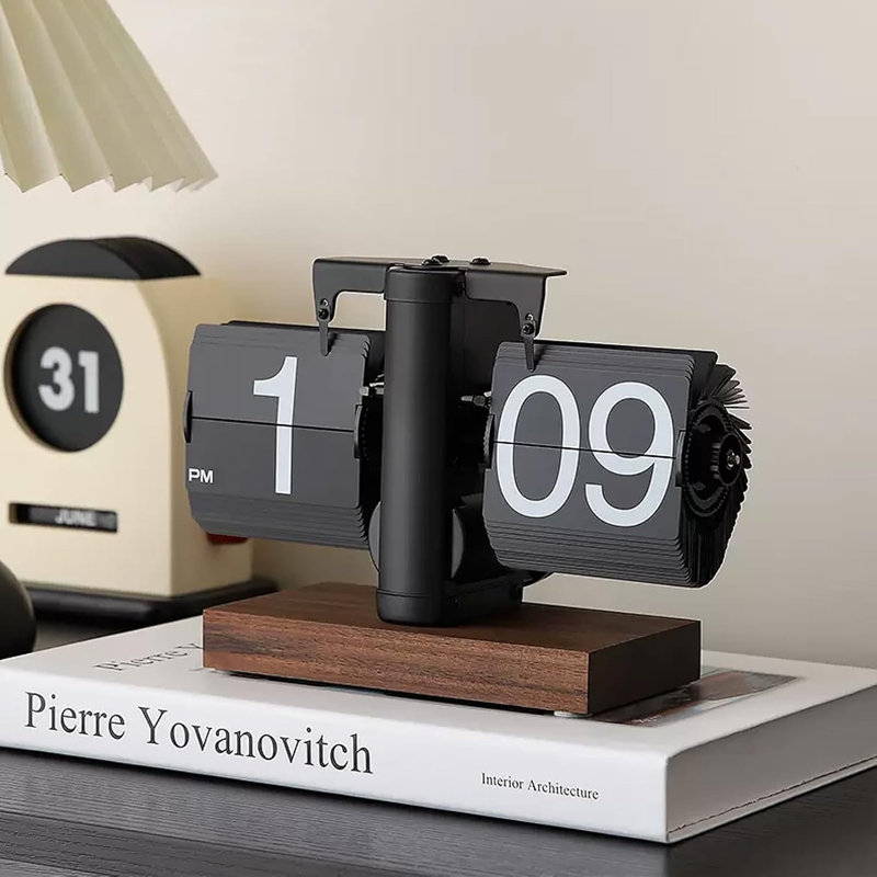 Horloge à clapet rétro numérique, à piles, avec engrenages intégrés, style mécanique classique, base en noyer noir, convient à la décoration de maison et de bureau (noir)