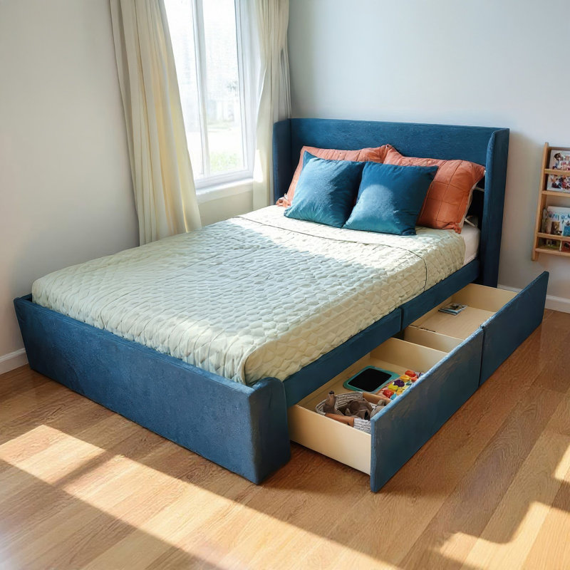 Solid Wood Upholstered Bed with Rectangular Headboard with 2 Drawer Side Storage, Blue, Full