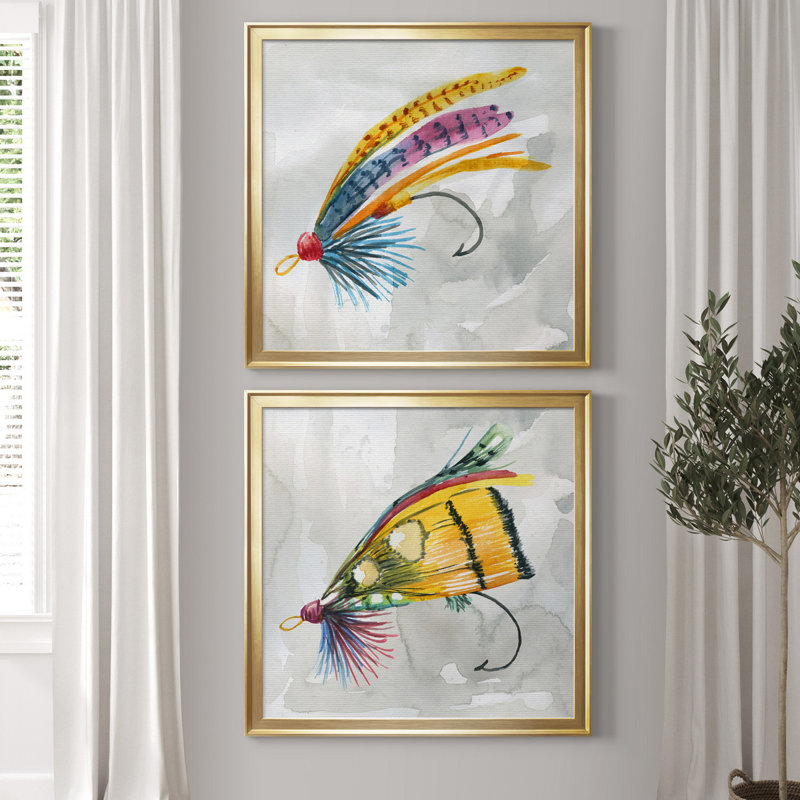 «Fly Hook III», ensemble de 2 reproductions d'art, H 30,5 po x l 61 po x P 1,5 po, Toile encadrée dorée, Pas de tapis