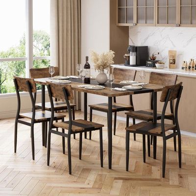 Ensemble de table de salle à manger 7 pièces pour 6 personnes avec chaises, table de cuisine peu encombrante avec structure en métal et panneau de fibres à densité moyenne, conception épissée à deux tons