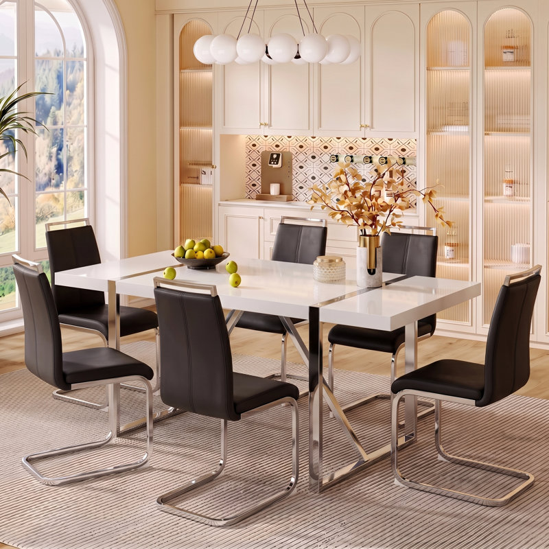 7-Piece Modern Glam Rectangular High-Gloss Wood Dining Set with Faux Leather Cantilever Chairs, 7, Black