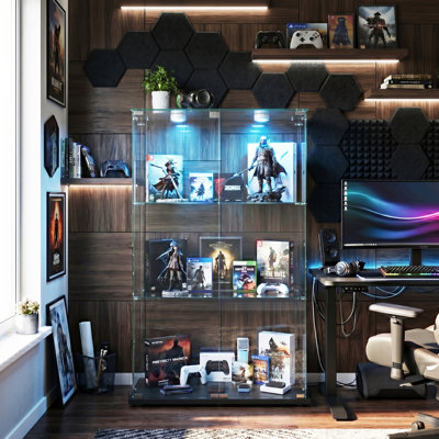 3-Tier Double Door Glass Display Cabinet with LED Puck Light,  123cmH Large Frameless Curio Cabinet with Glass Top, Black / White