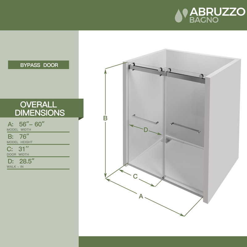 Porte de douche coulissante double sans cadre de 56 à 60 po x 76 po avec fermeture en douceur, verre trempé épais de 3/8 po (10 mm), revêtement facile à nettoyer pour une salle de bain élégante