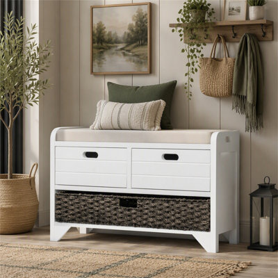 Banc de rangement Trexm avec panier amovible et 2 tiroirs, banc à chaussures entièrement assemblé avec coussin amovible